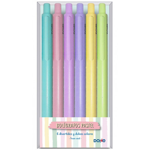 Set 6 bolígrafos colores pastel tinta azul retráctil